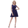 Belle Poque Retro Vintage Solid Color Sleeveless Crew Neck A-Line One Piece Navy Blue Cotton Dress BP000289-3